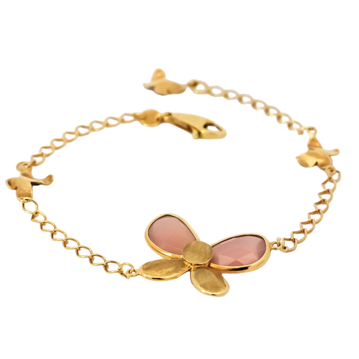 Pulsera lineal de oro amarillo 18kt  con diseño  de flor y mariposas en cuarzo rosado