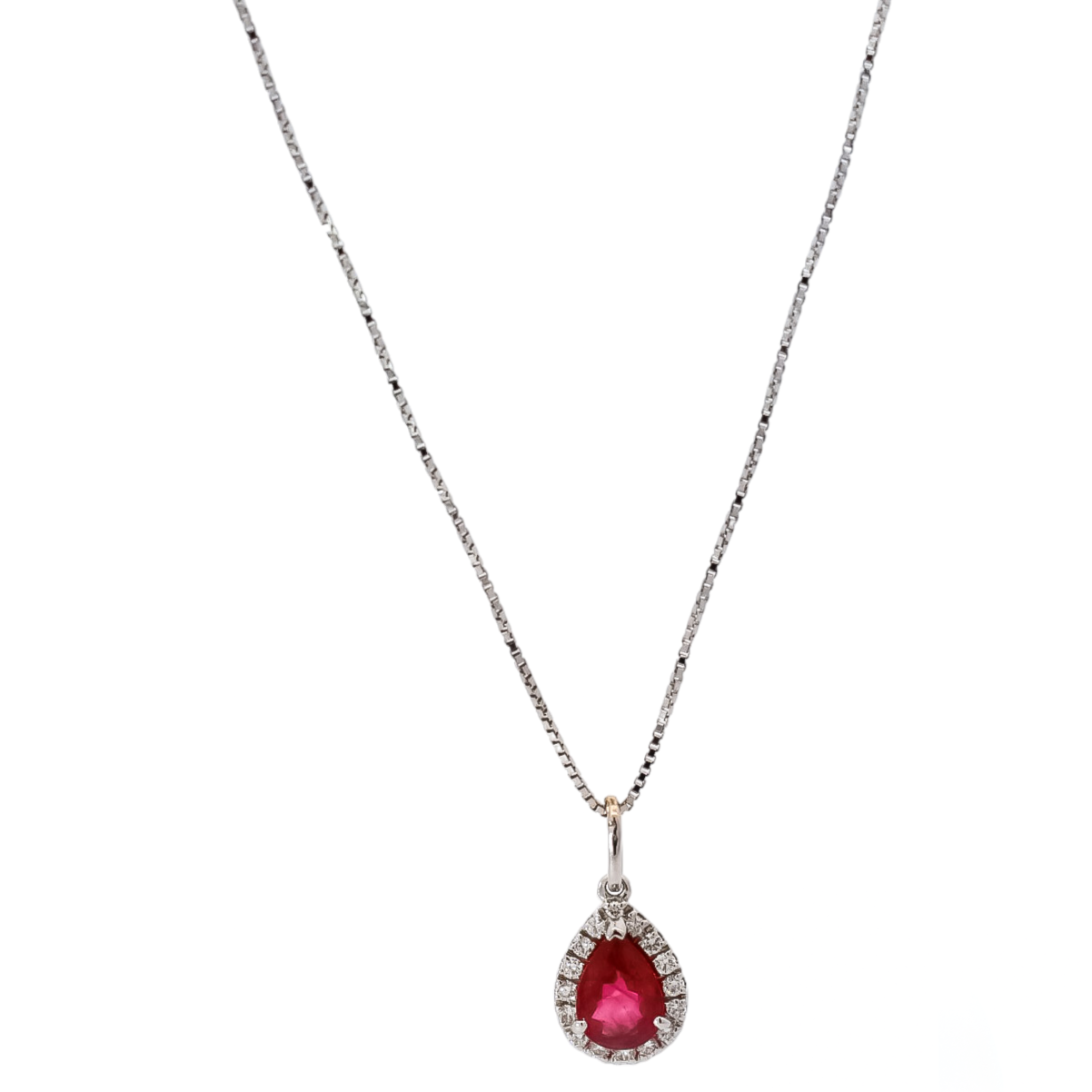 Dije oro blanco 18kt con diamantes y rubí corte pera