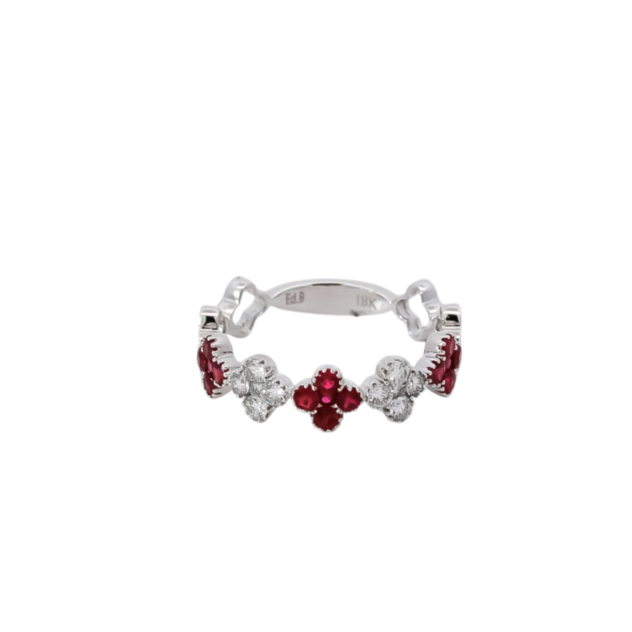 Anillo oro blanco 18kt con diamantes y rubís   diseño de flores