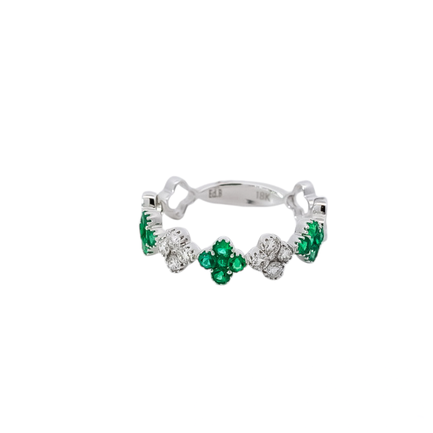 Anillo oro blanco 18kt con diamantes y esmeraldas   diseño de flores