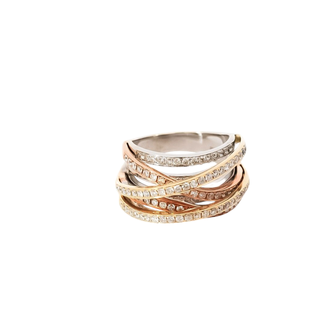 Anillo ancho de siete líneas entrelazadas  tres oro 18kt con diamantes