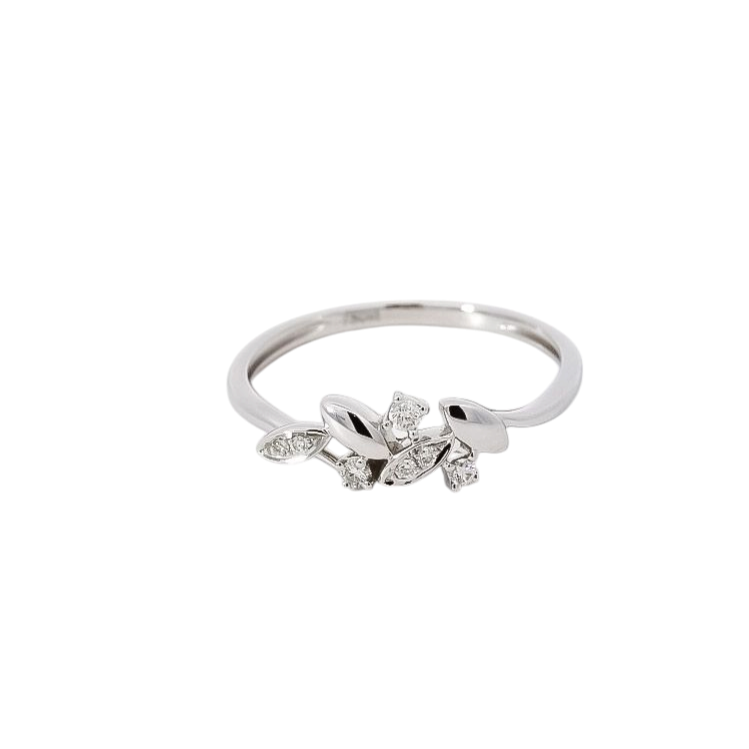 Anillo oro blanco 18kt  diseño de hojas  con diamantes