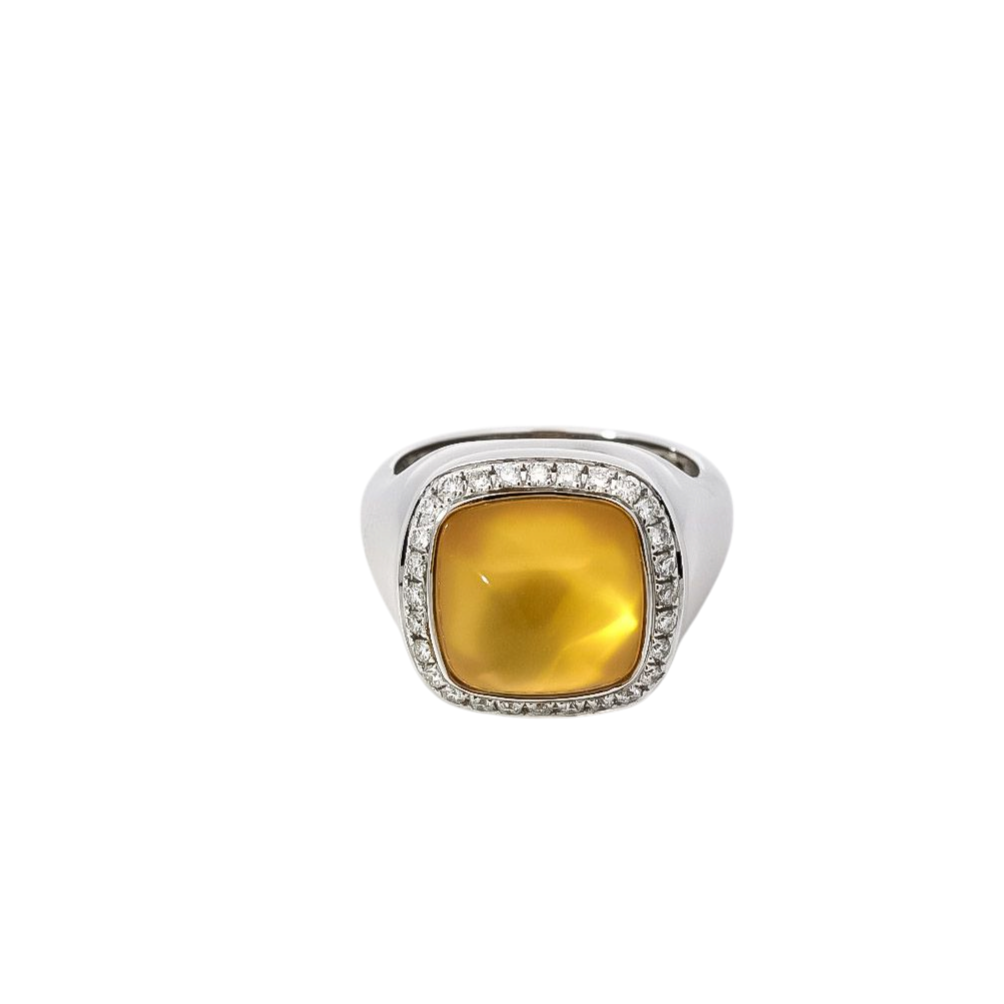 Anillo oro blanco 18kt con diamantes y quarzo citrino