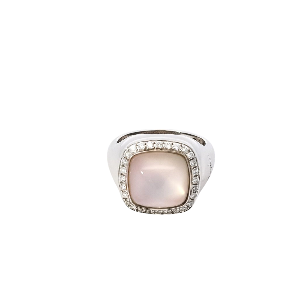Anillo oro blanco 18kt con diamantes y quarzo rosa