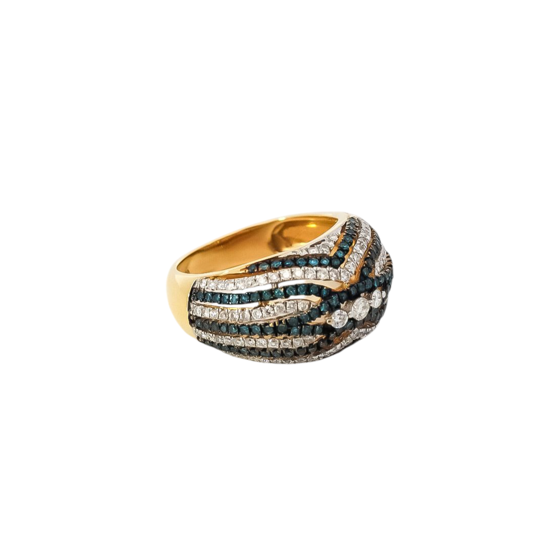 Anillo ancho semi banda oro blanco 18kt con diamantes y zafiros