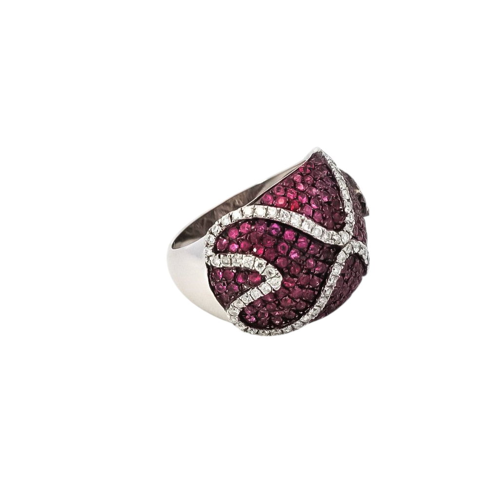 Anillo ancho  semi banda oro blanco 18kt con diamantes y rubis