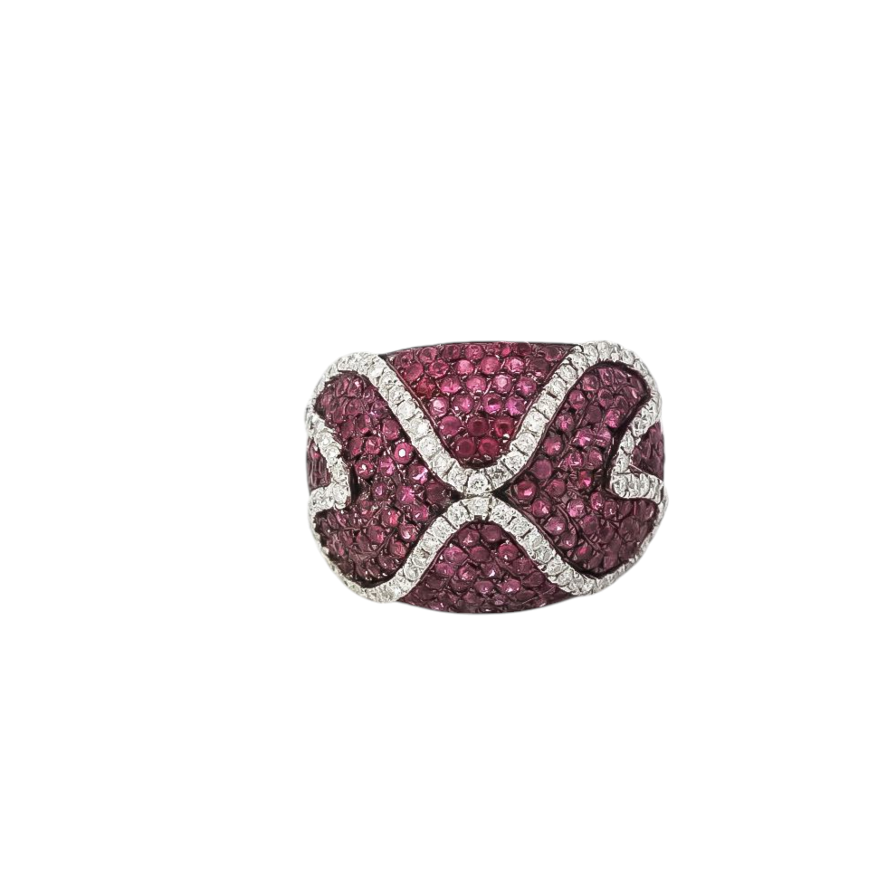 Anillo ancho  semi banda oro blanco 18kt con diamantes y rubis