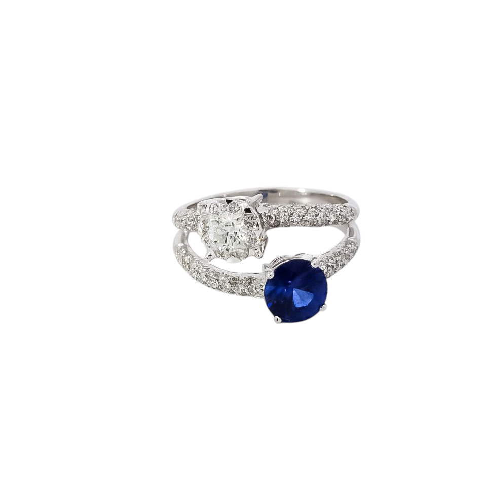 Anillo oro blanco 18kt de dos líneas  en diamantes y zafiro