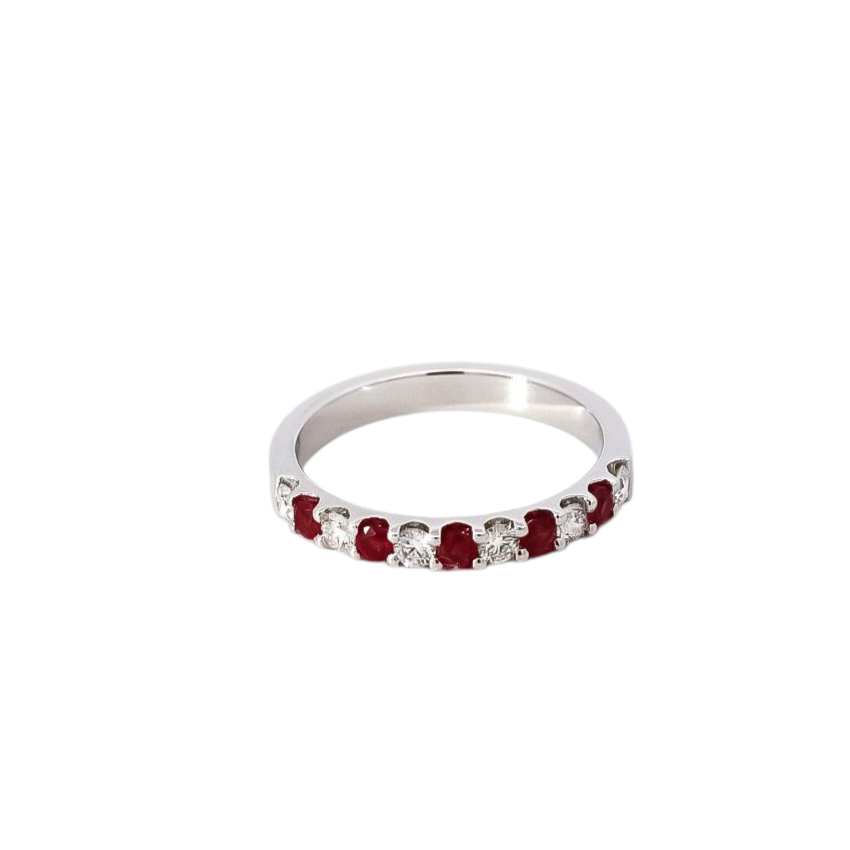 Anillo semi banda oro blanco 18kt con diamantes y rubis
