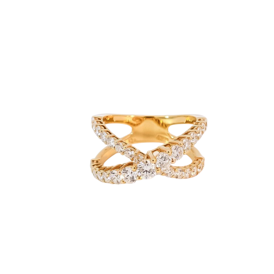Anillo oro amarillo 18kt diseño de dos líneas  entrelazadas con diamantes
