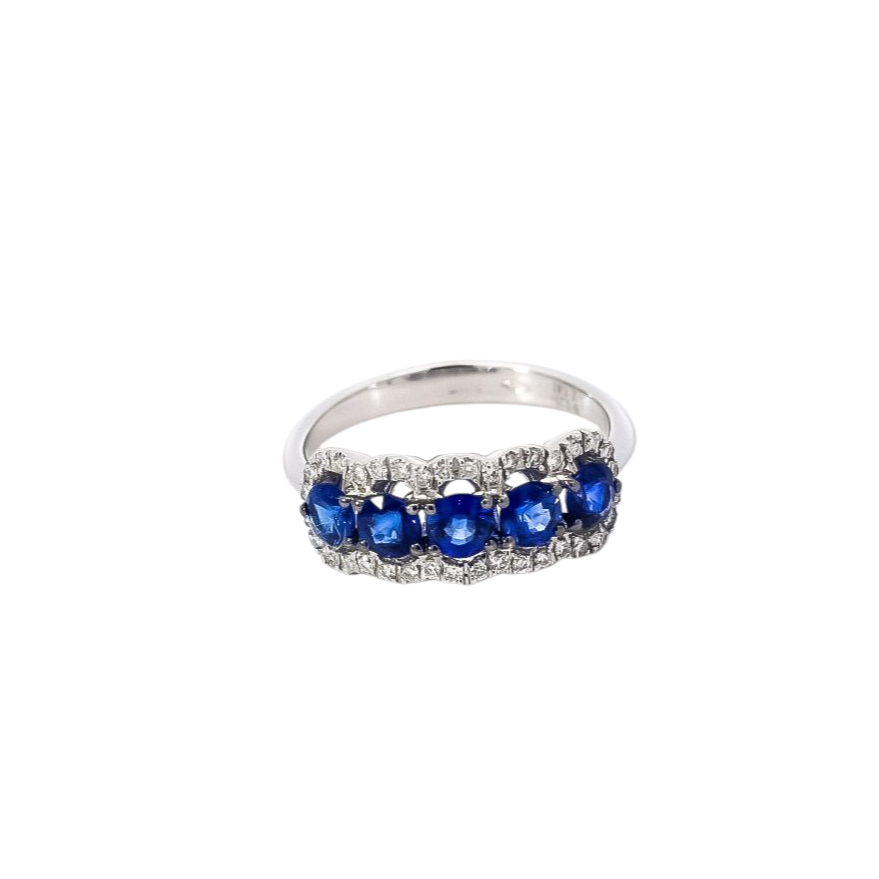 Anillo oro blanco 18kt  diseño de líneas en zafiro y diamantes