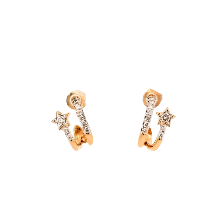 Arete oro amarillo  18kt diseño de dos líneas con estrellas en diamantes