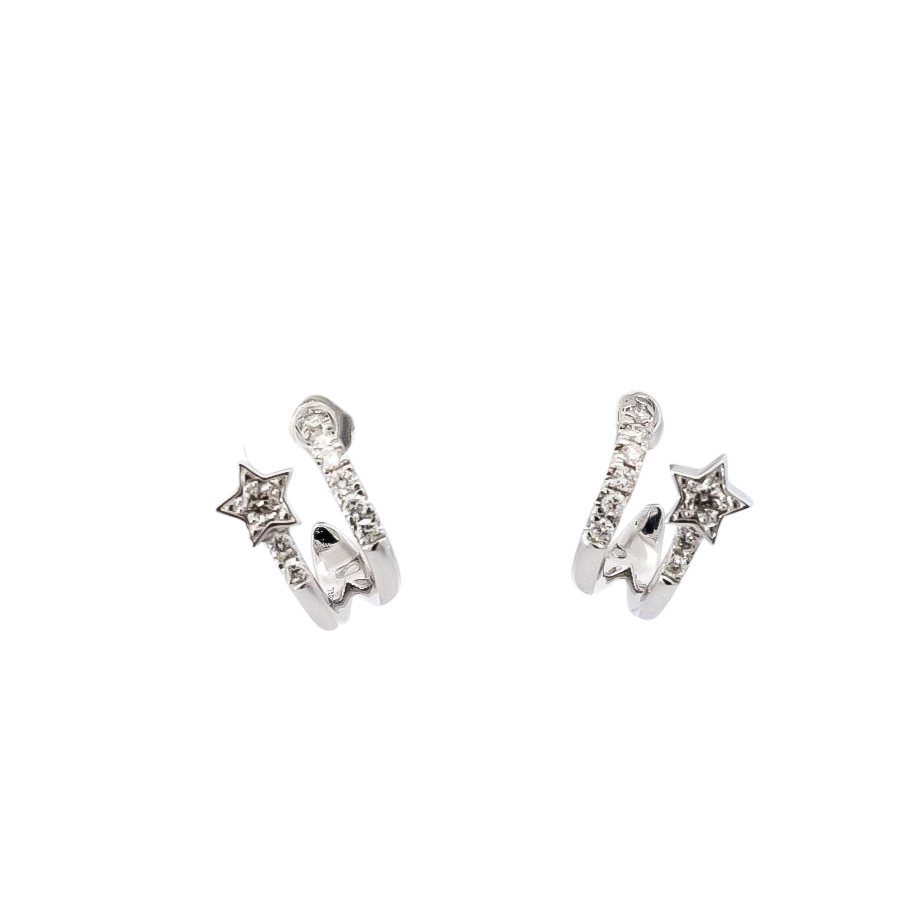 Aretes oro blanco 18kt diseño de dos líneas con estrellas en diamantes