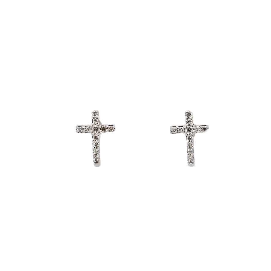 Aretes oro blanco 18kt diseño en cruz con diamantes