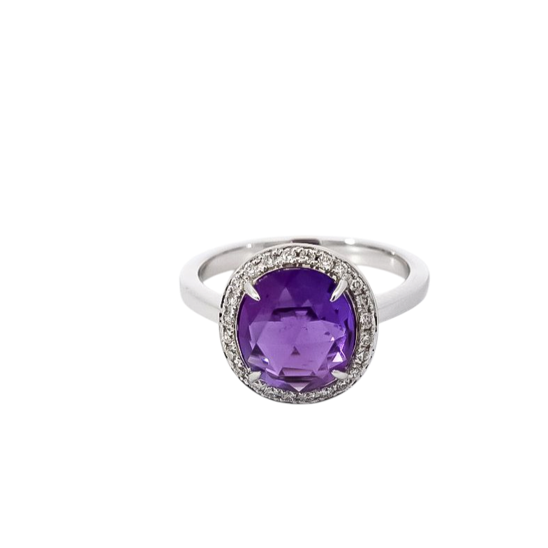 Anillo oro blanco 18kt con halo de diamantes y amatista corte redondo