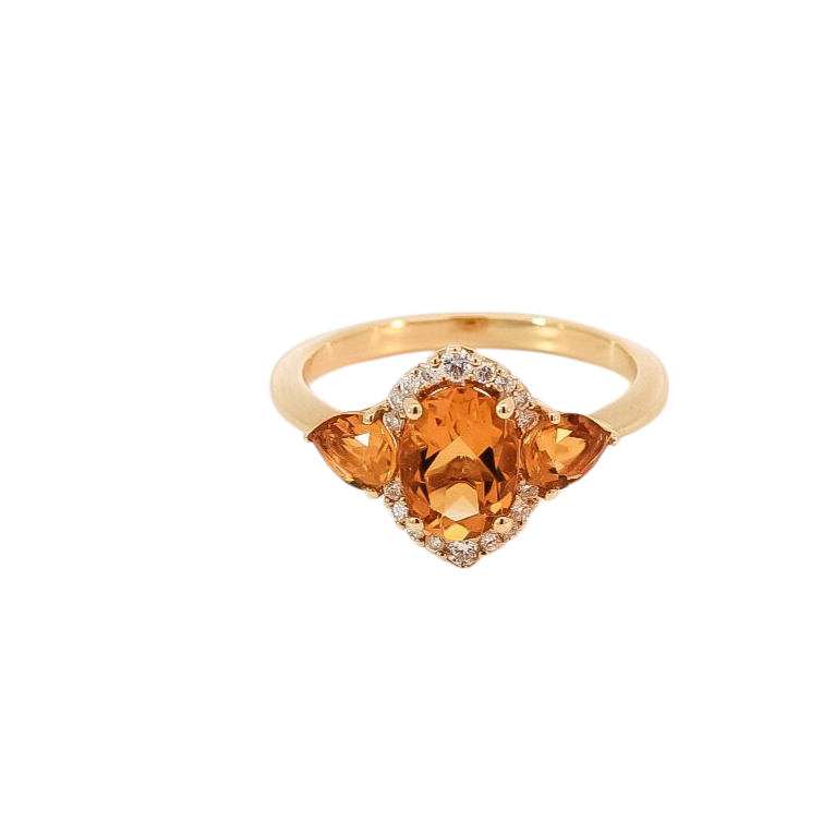 Anillo oro amarillo 18kt con halo en diamantes y citrina corte ovalado ,pera