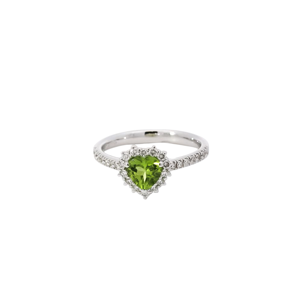 Anillo oro blanco 18kt con diamantes y peridot