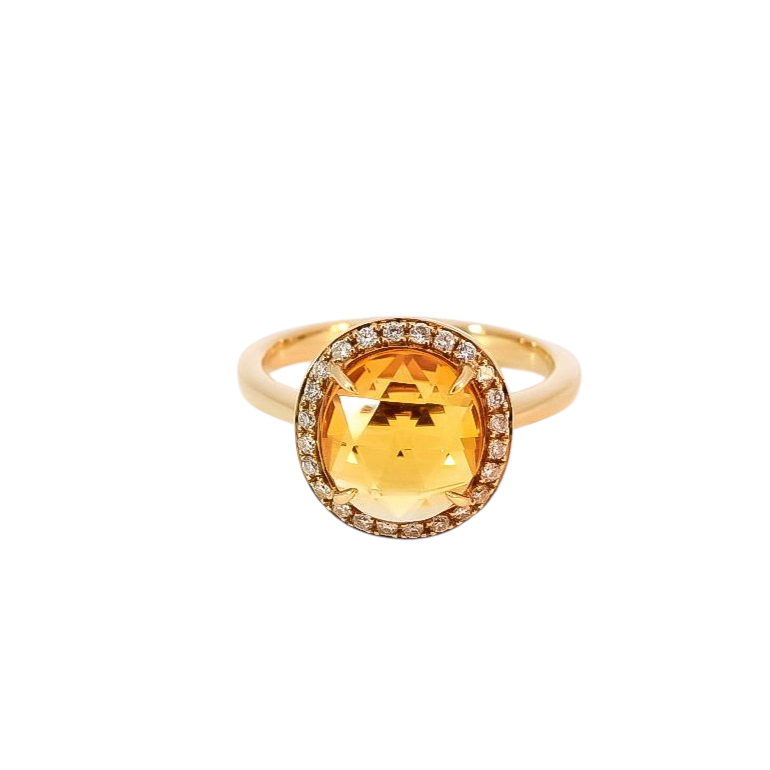 Anillo oro amarillo 18kt  con halo de diamantes y citrina corte redondo