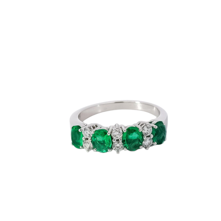 Anillo oro blanco 18kt  con diamantes y esmeraldas