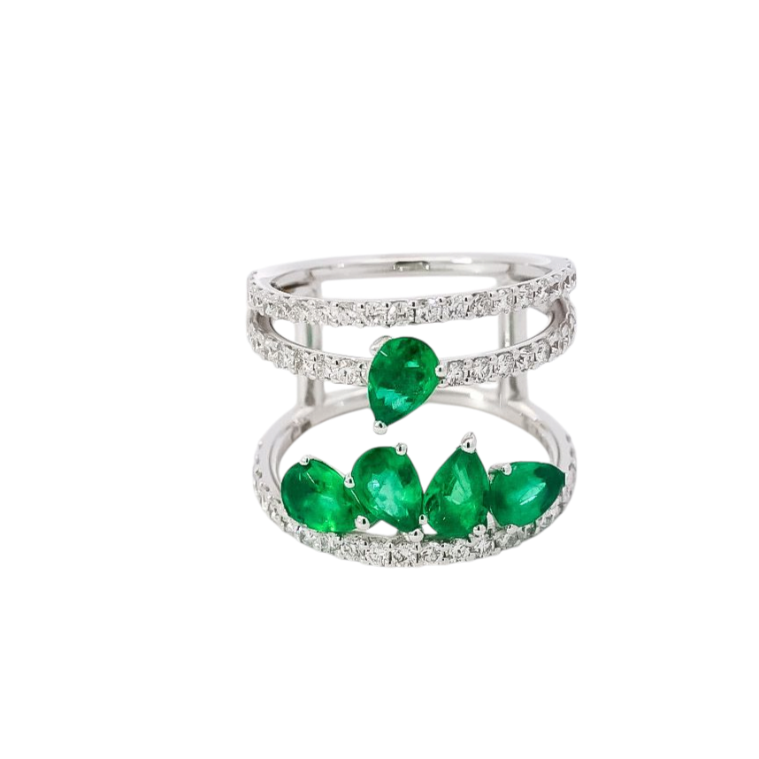 Anillo oro blanco 18kt tres líneas con diamantes y esmeraldas corte pera