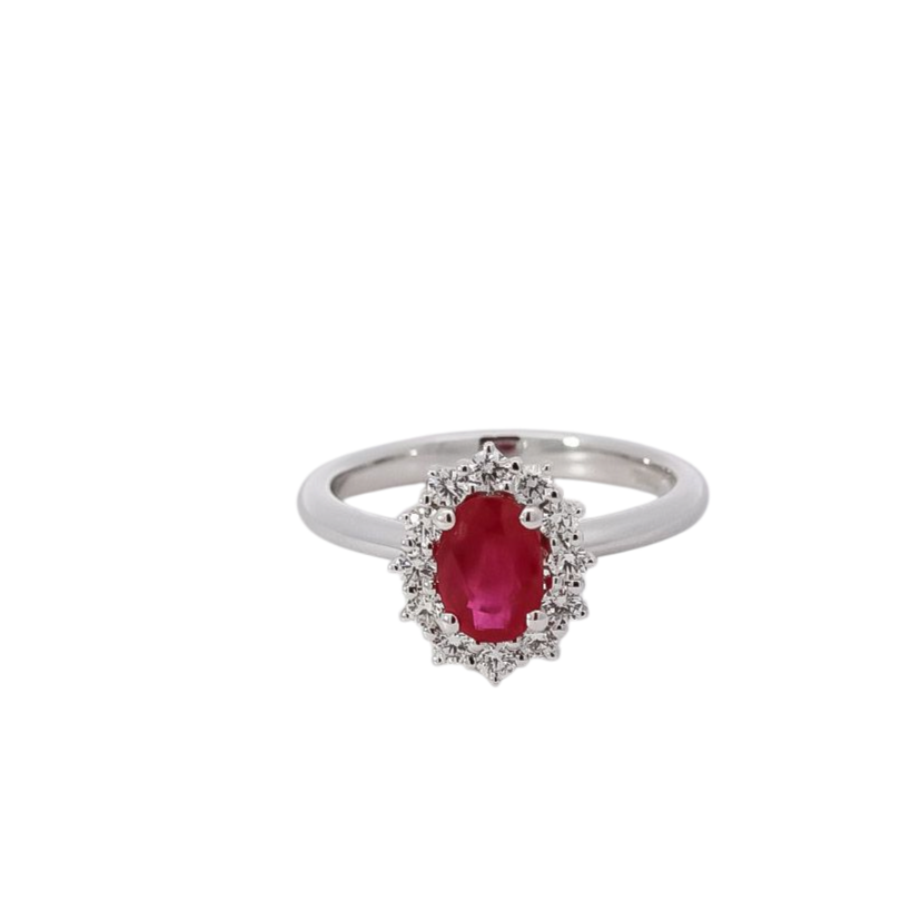 Anillo oro blanco 18kt con halo de diamantes y rubi corte ovalado