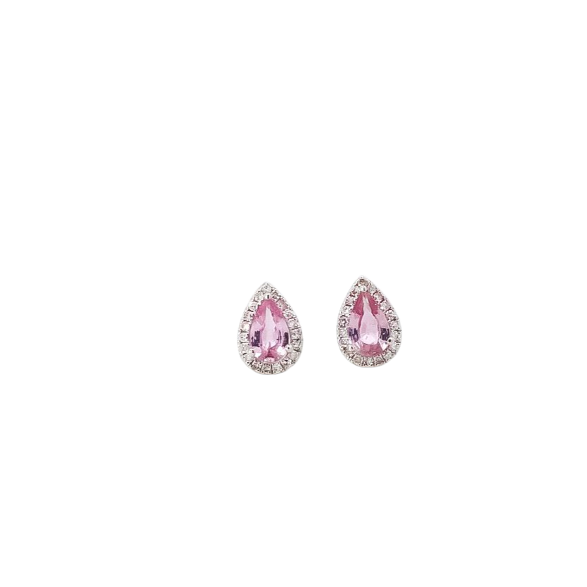 Aretes oro blanco 14kt  con halo de diamantes y zafiro Rosado corte pera