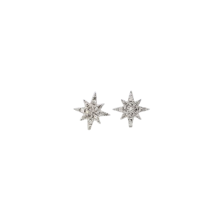 Aretes oro blanco 14kt diseño de estrella con diamantes