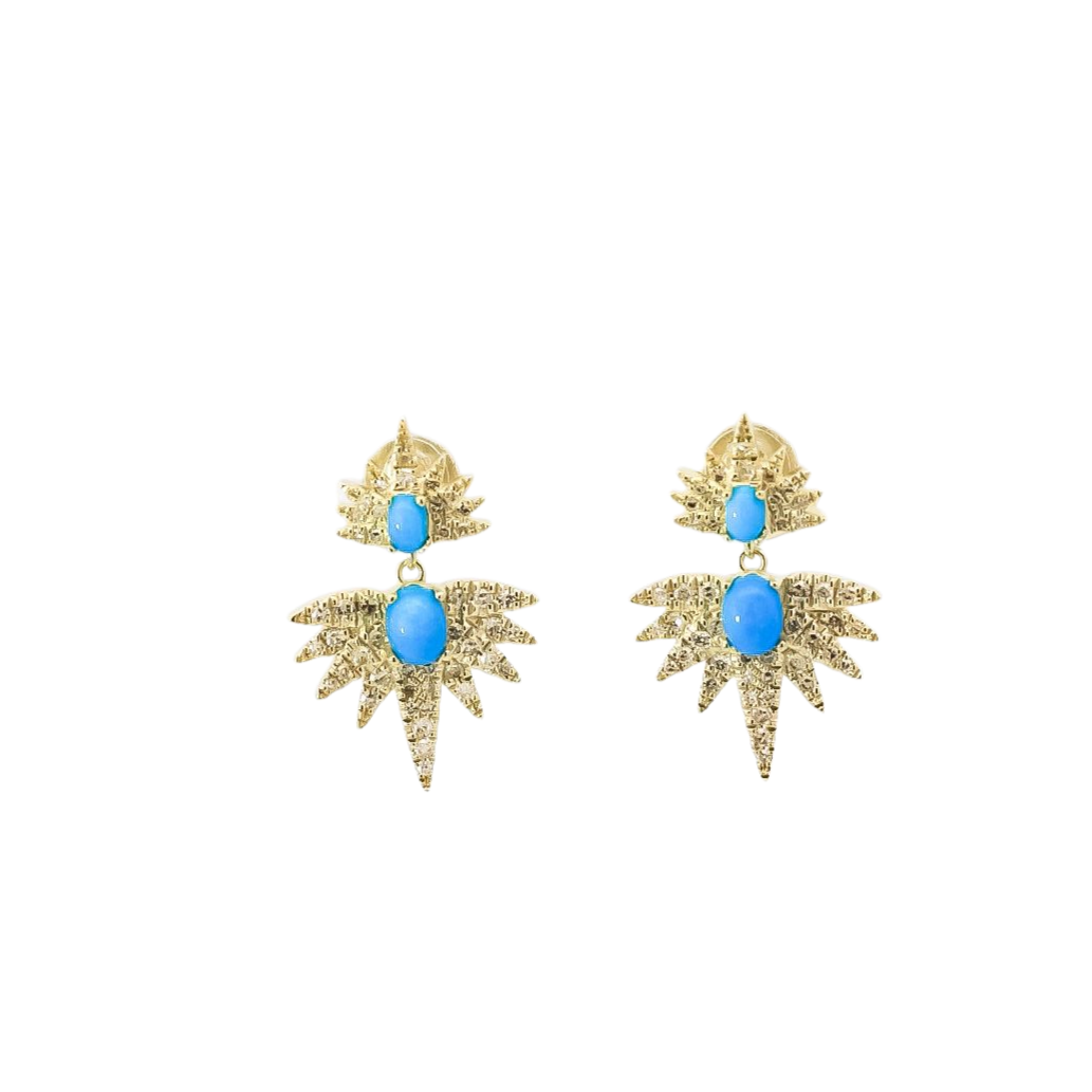 Aretes oro amarillo 14kt  diseño erizo en  diamantes con turquesa