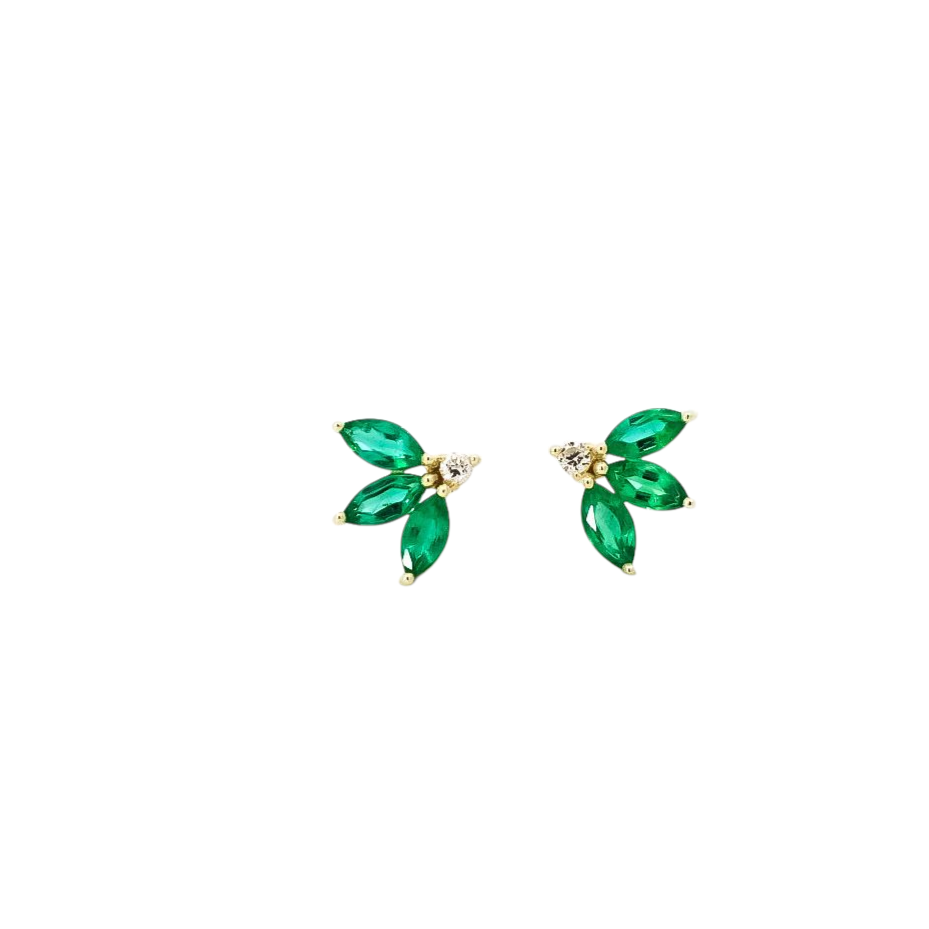Aretes oro amarillo 14kt con diamantes y esmeraldas  cortes marquise
