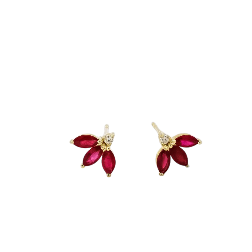 Aretes oro amarillo 14kt con diamantes y rubis corte marquise