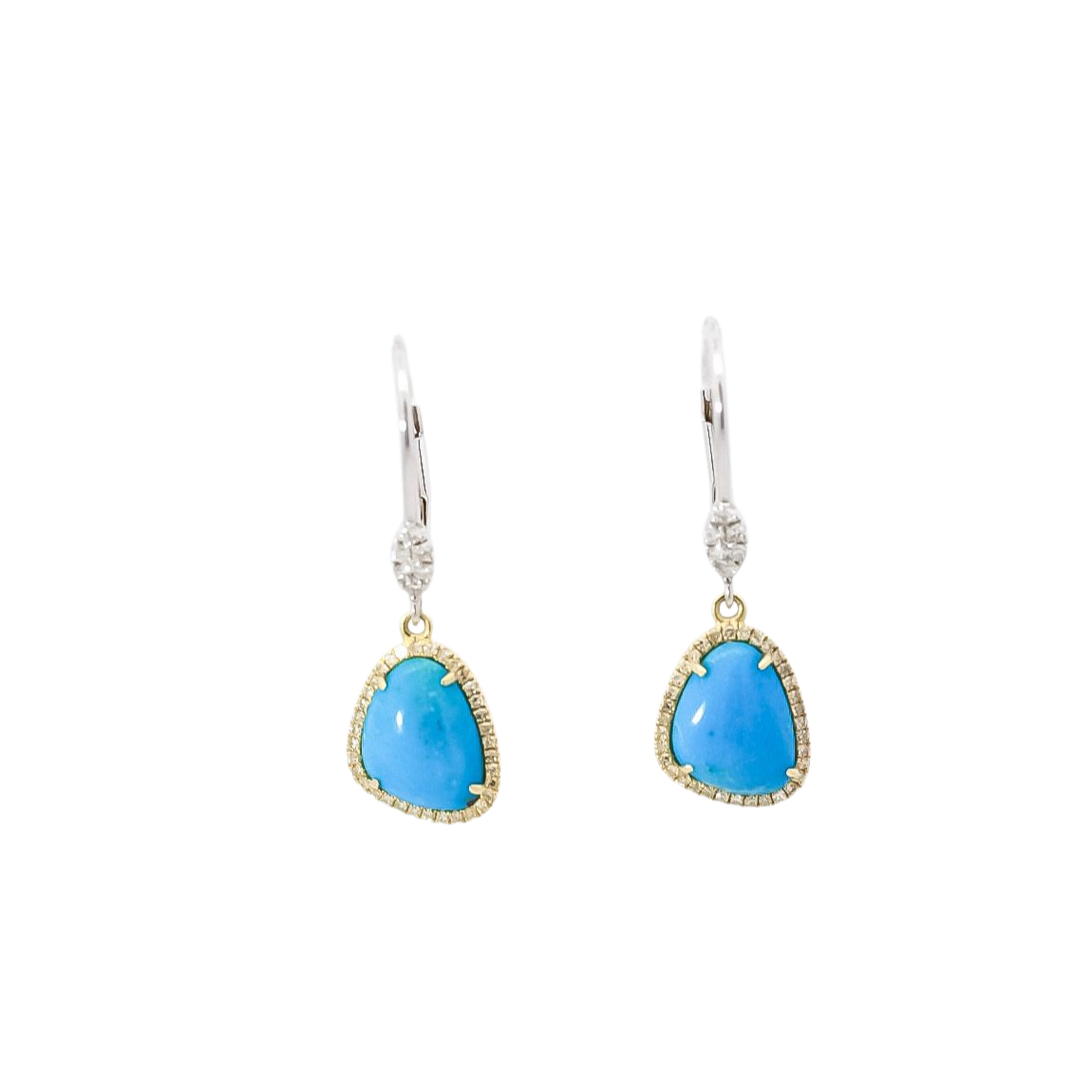 Aretes oro blanco 14kt con diamantes y turquesa