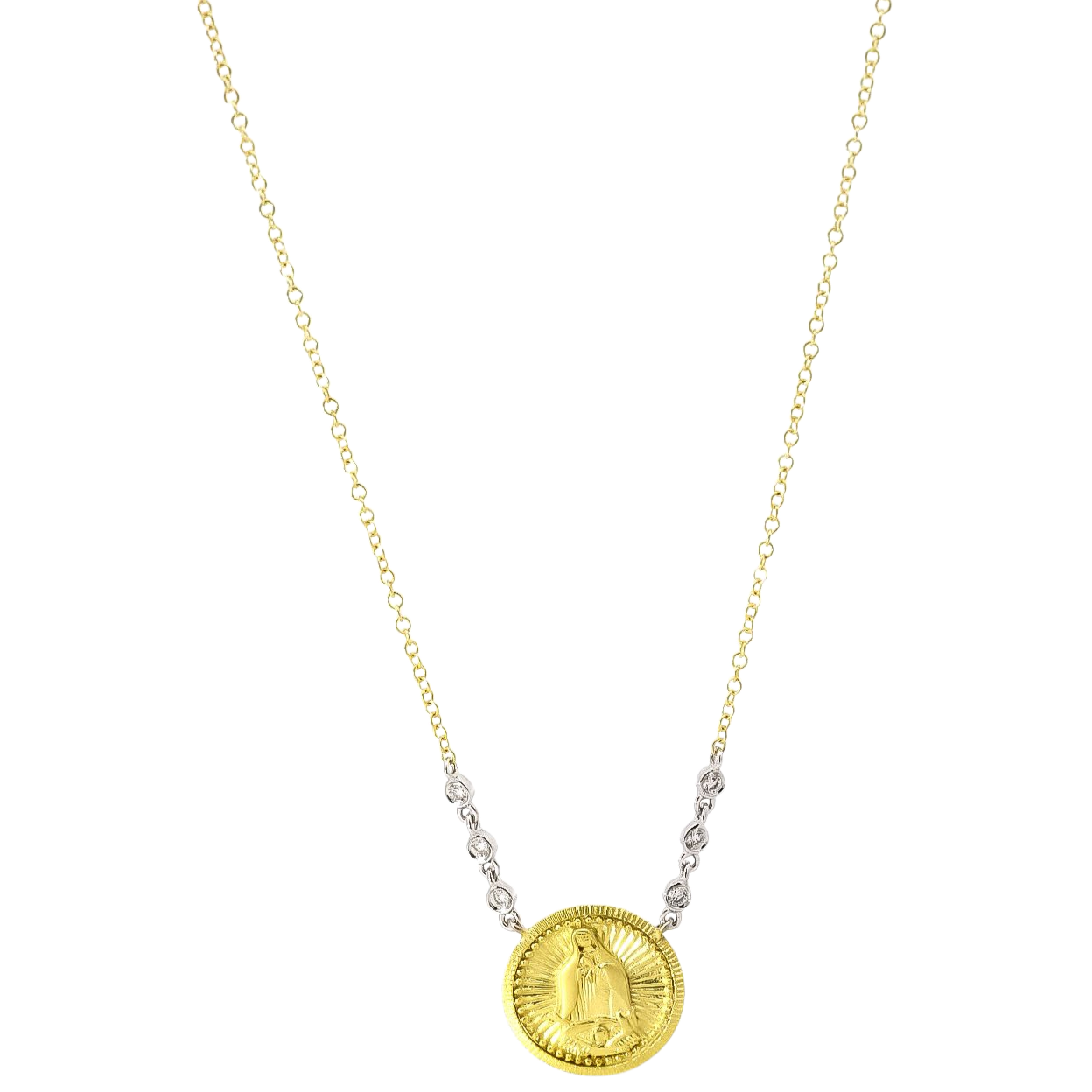 Collar oro amarillo 14kt con diamantes y medalla de la virgen de guadalupe
