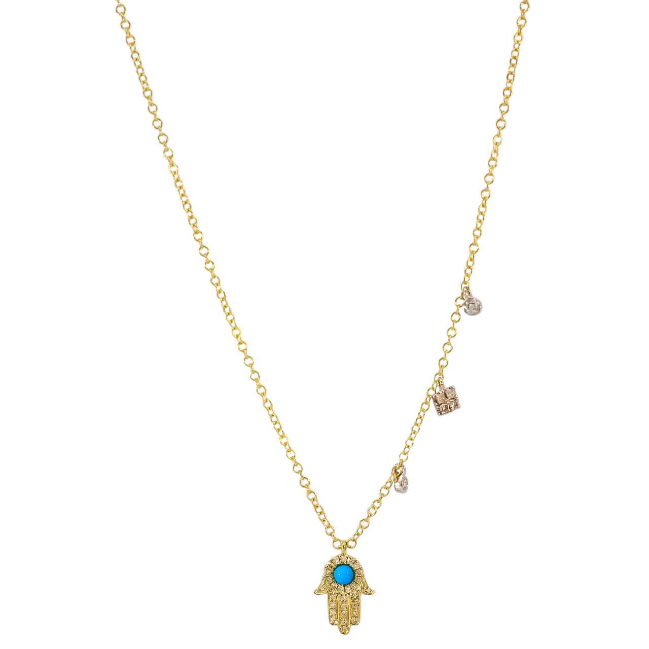 Collar oro amarillo 14kt con diamantes y dije de la mano de Fátima con turquesa