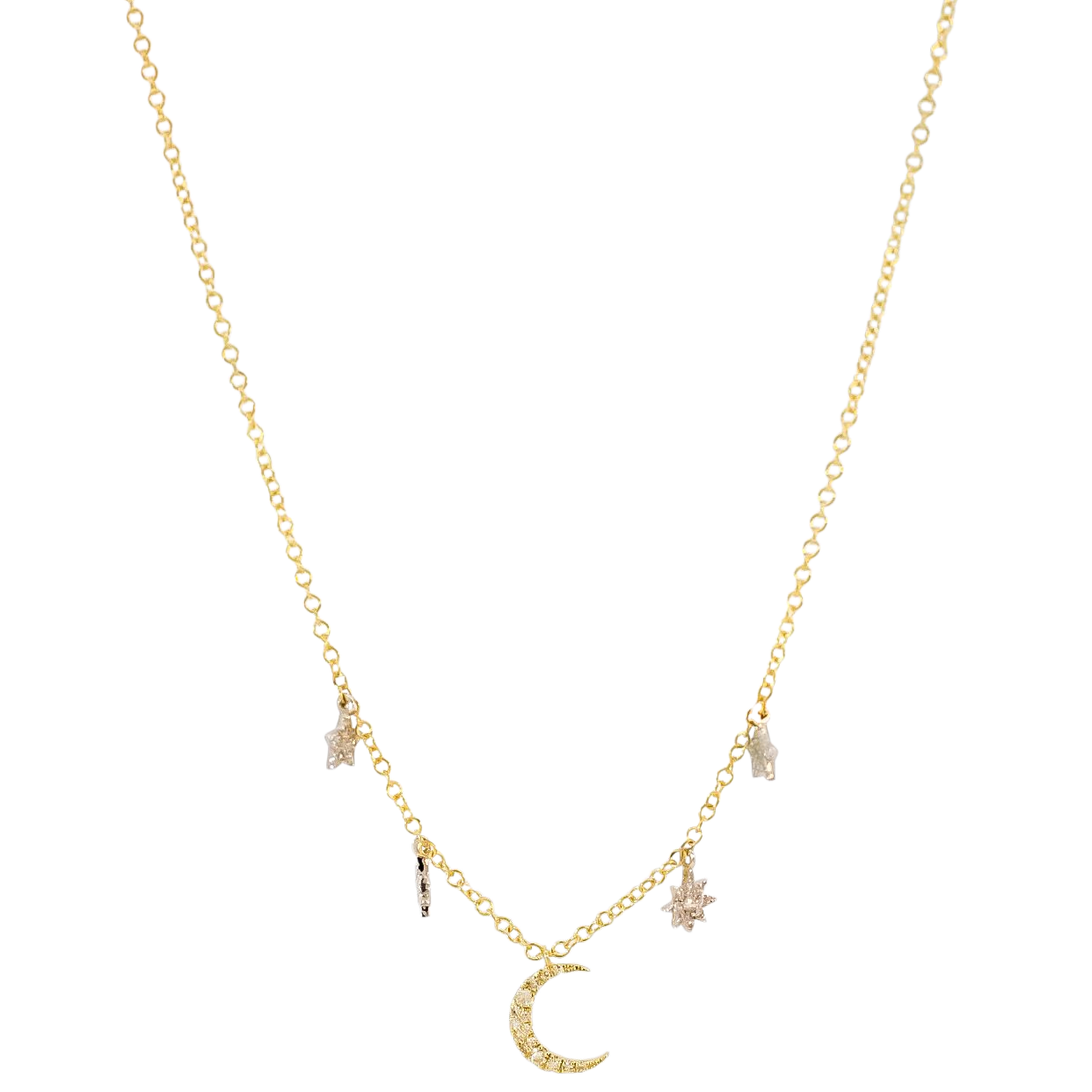 Collar oro amarillo 14kt con dijes de luna  y estrellas en diamantes
