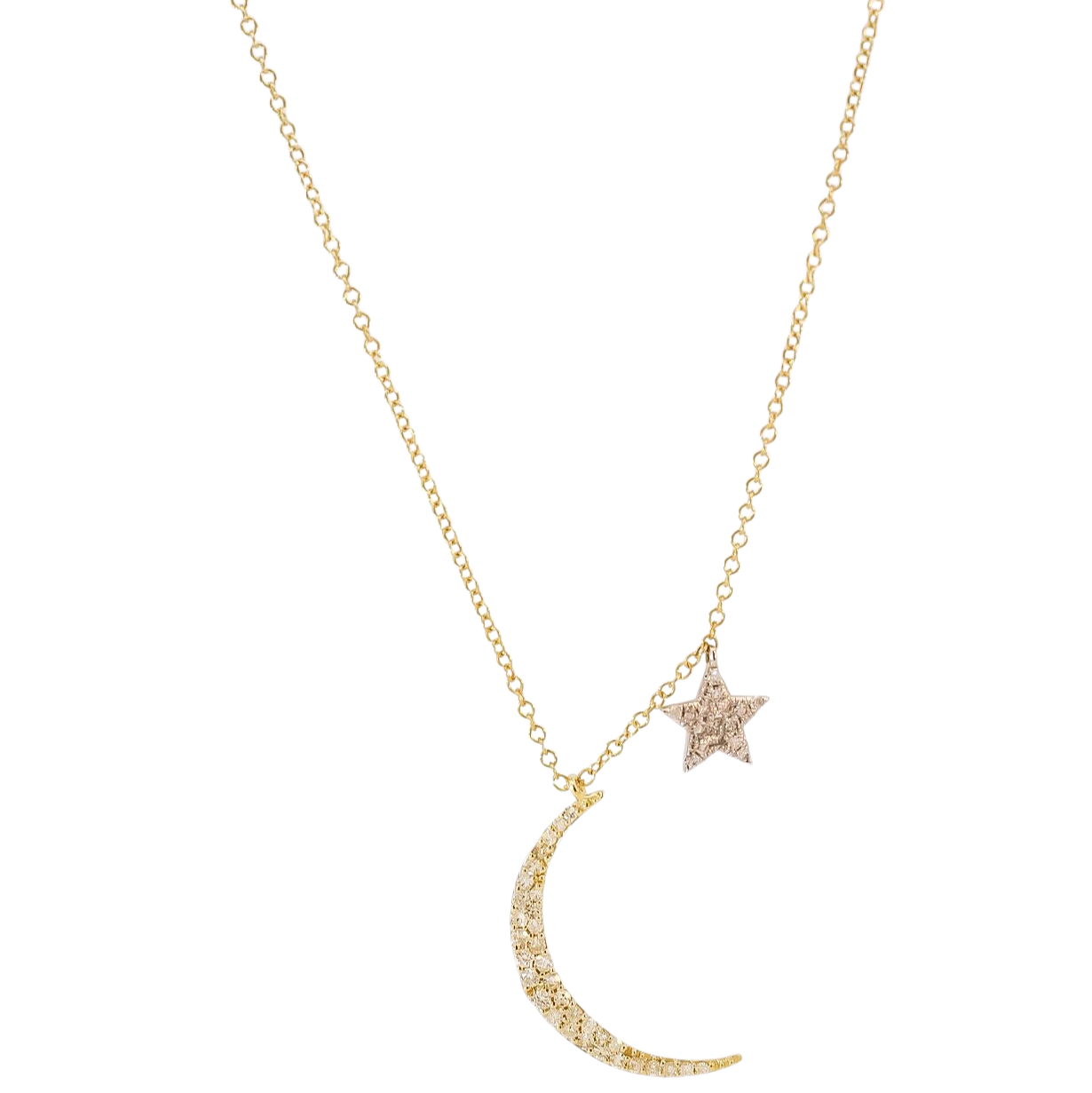 Collar oro amarillo 14kt con dije de luna y estrella en diamantes