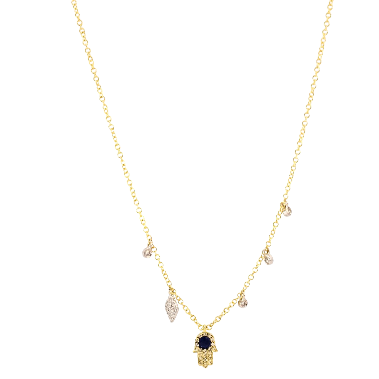 Collar oro amarillo 14kt con dijes punto de diamantes y mano de fatima