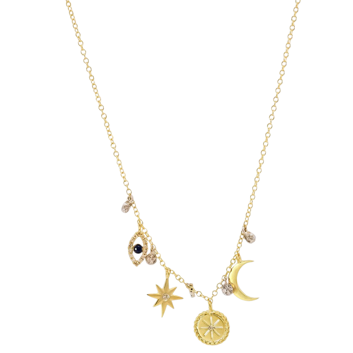 Collar oro amarillo 14kt con dijes de luna , estrellas ,ojo turco y puntos de diamantes