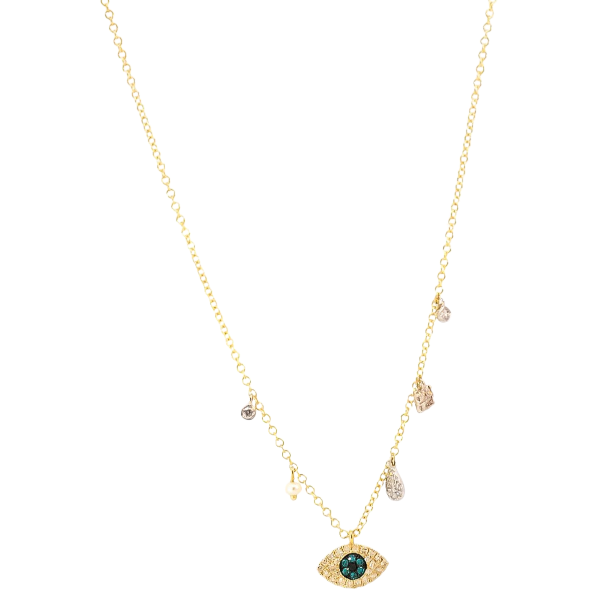 Collar oro amarillo 14kt con dijes de diamantes, perlas y ojo turco con diamante blanco, negro, zafiro