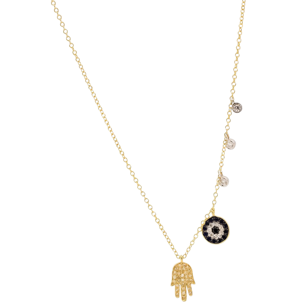 Collar oro amarillo 14kt con dijes de la mano de fatima , ojo turco y puntos de diamantes