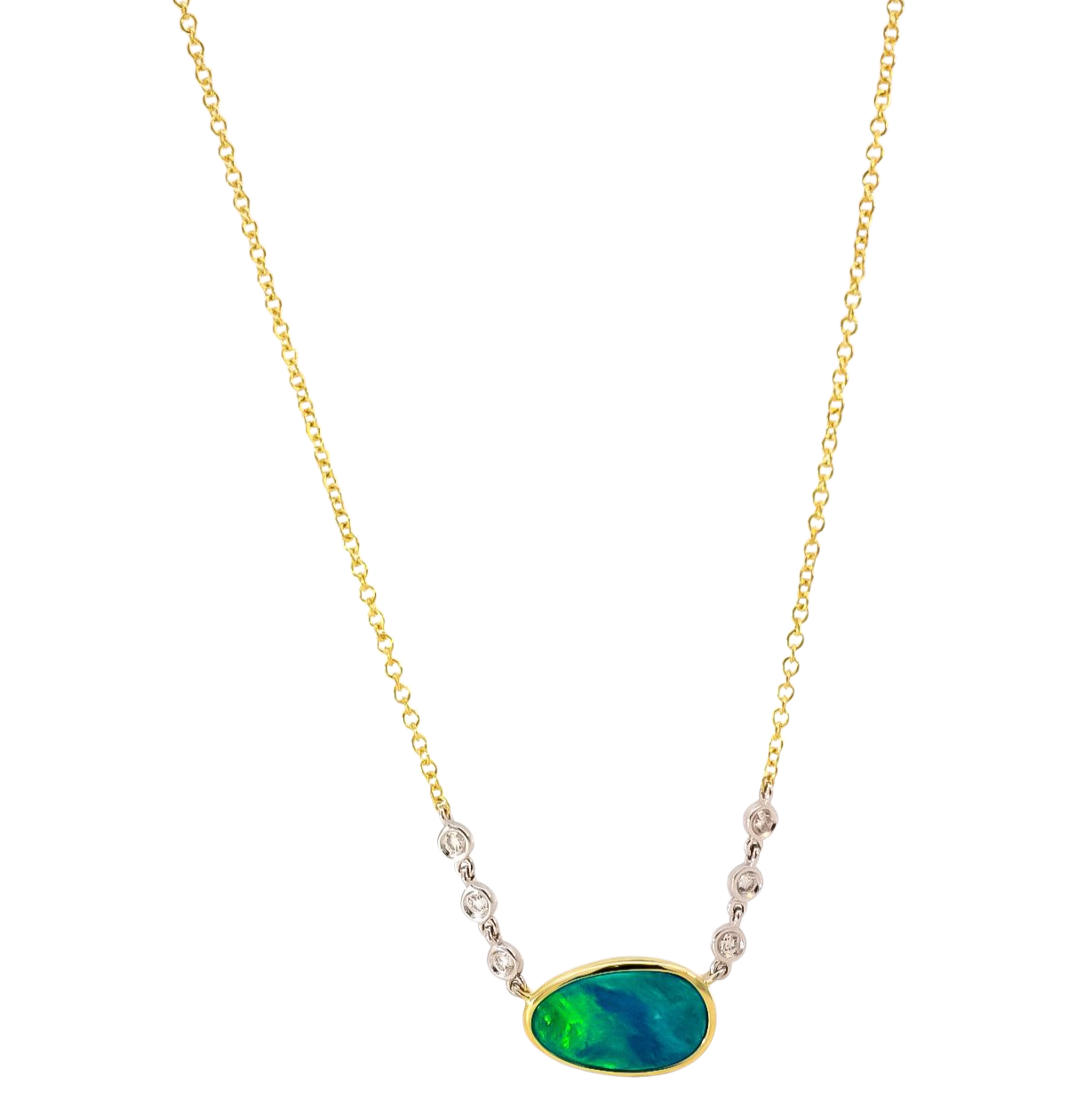 Collar oro amarillo 14kt con dije en ópalo y puntos de diamantes