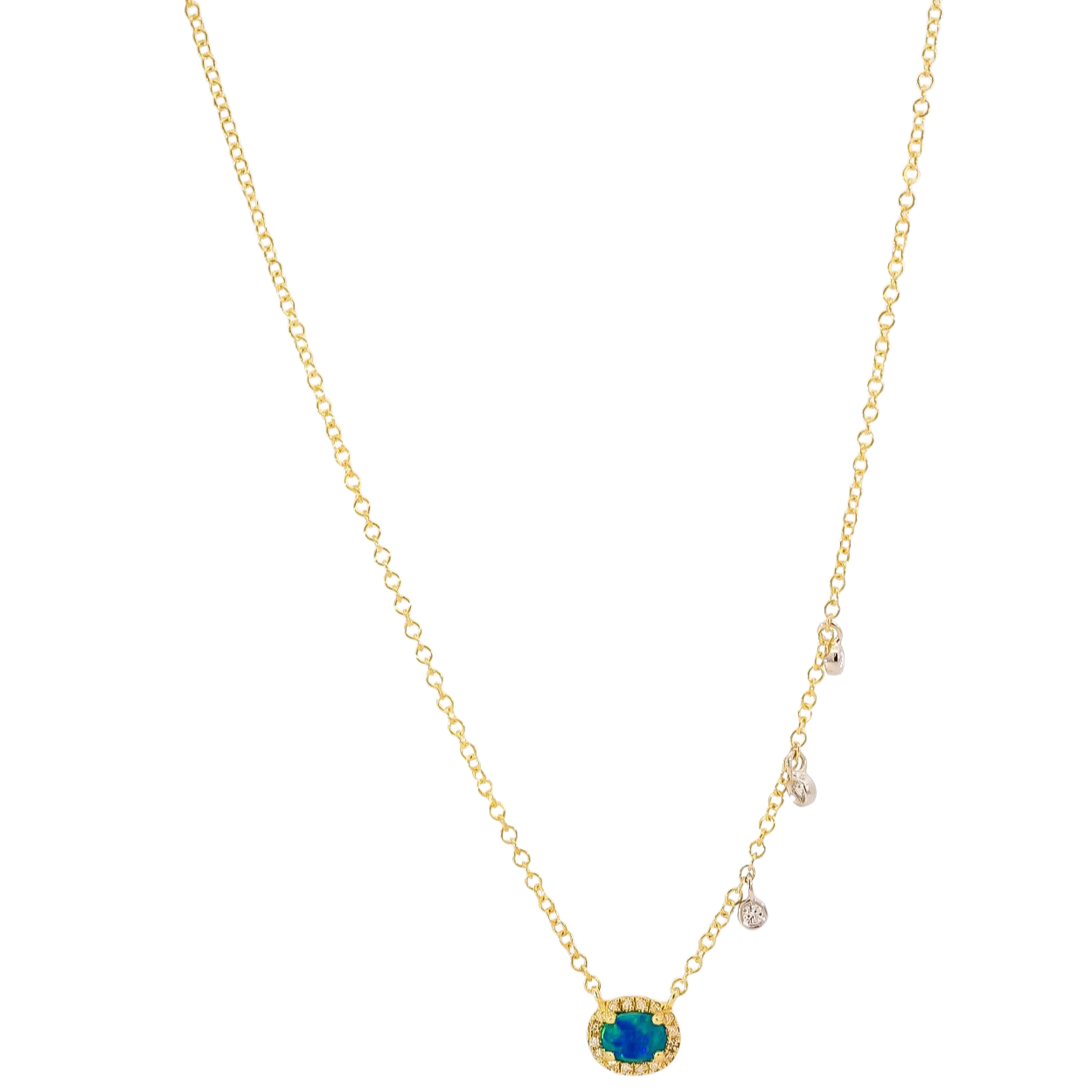 Collar oro amarillo 14kt con dijes punto de diamantes y ópalo con halo de diamantes