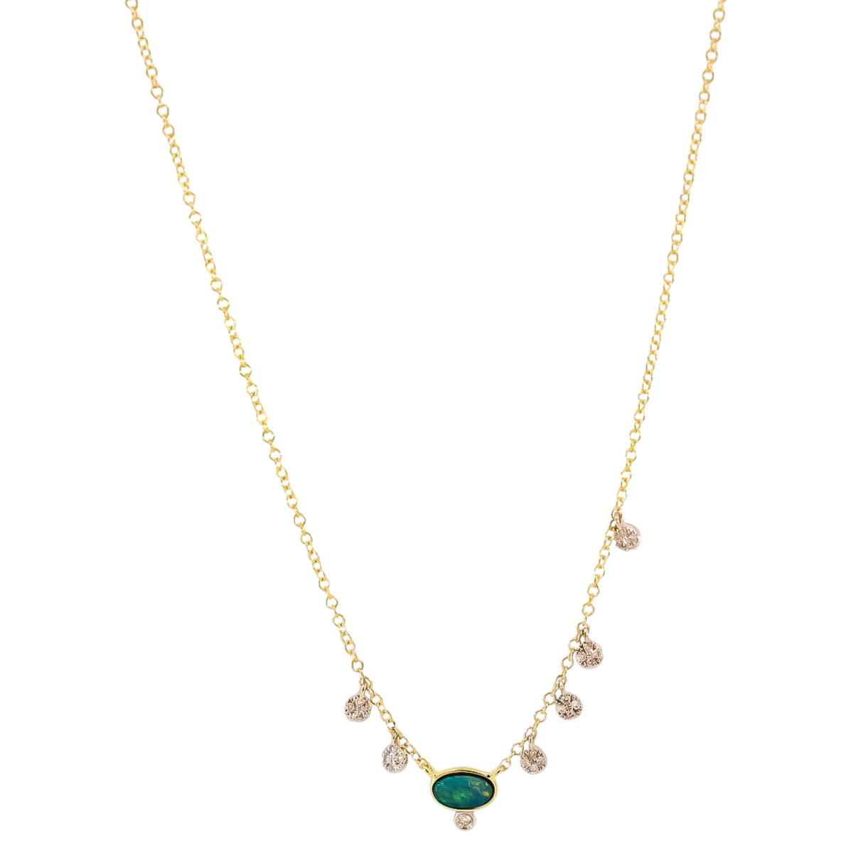 Collar oro amarillo 14kt con dijes puntos de diamantes y ópalo