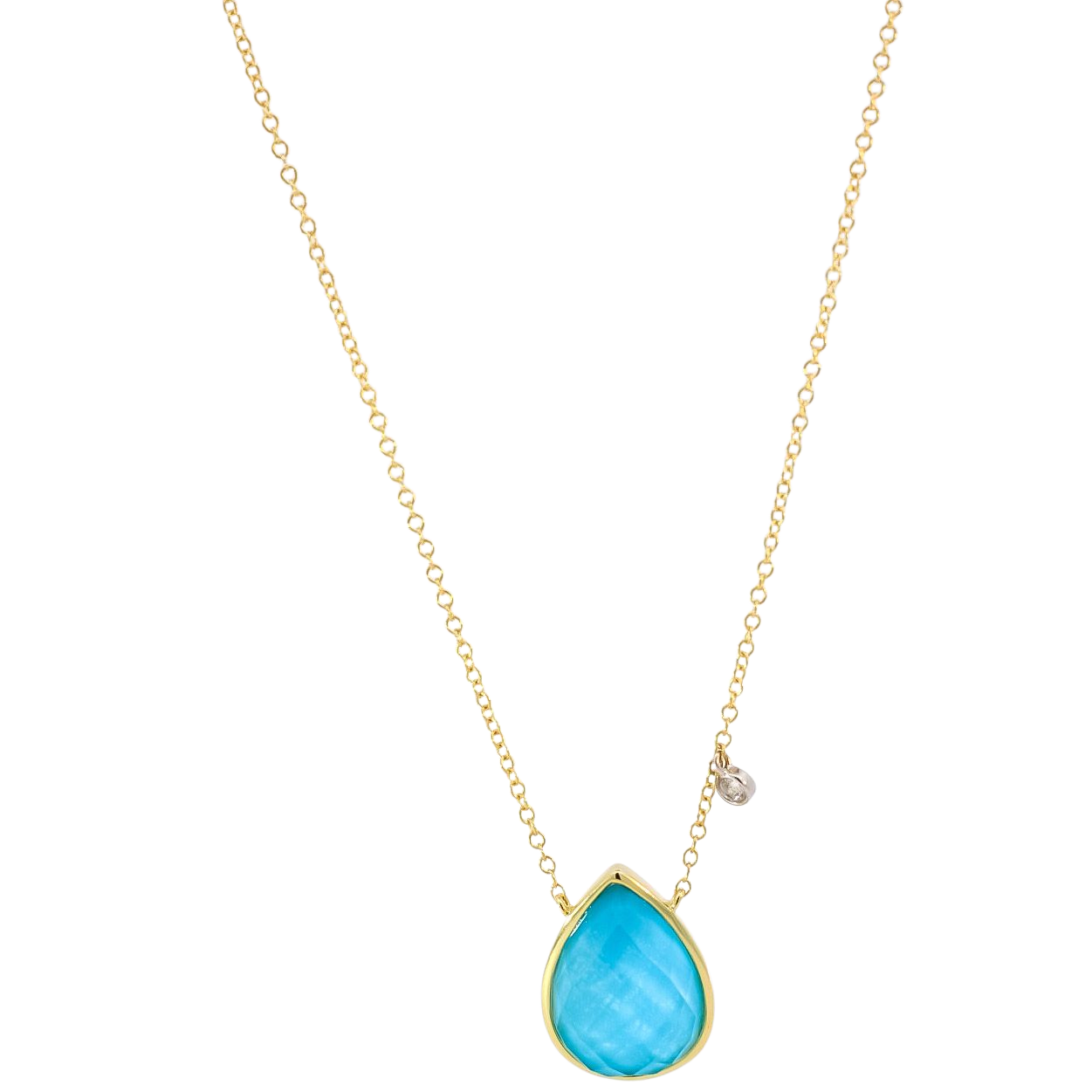 Collar oro amarillo 14kt con punto de diamante y dije en cuarzo corte pera