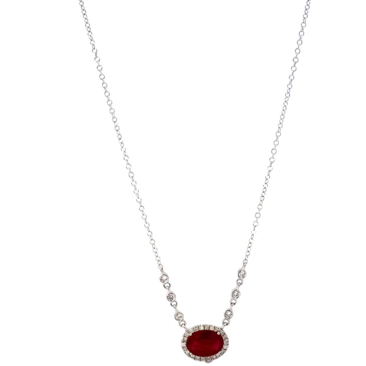 Collar oro blanco 14kt con diamantes y rubi corte ovalado