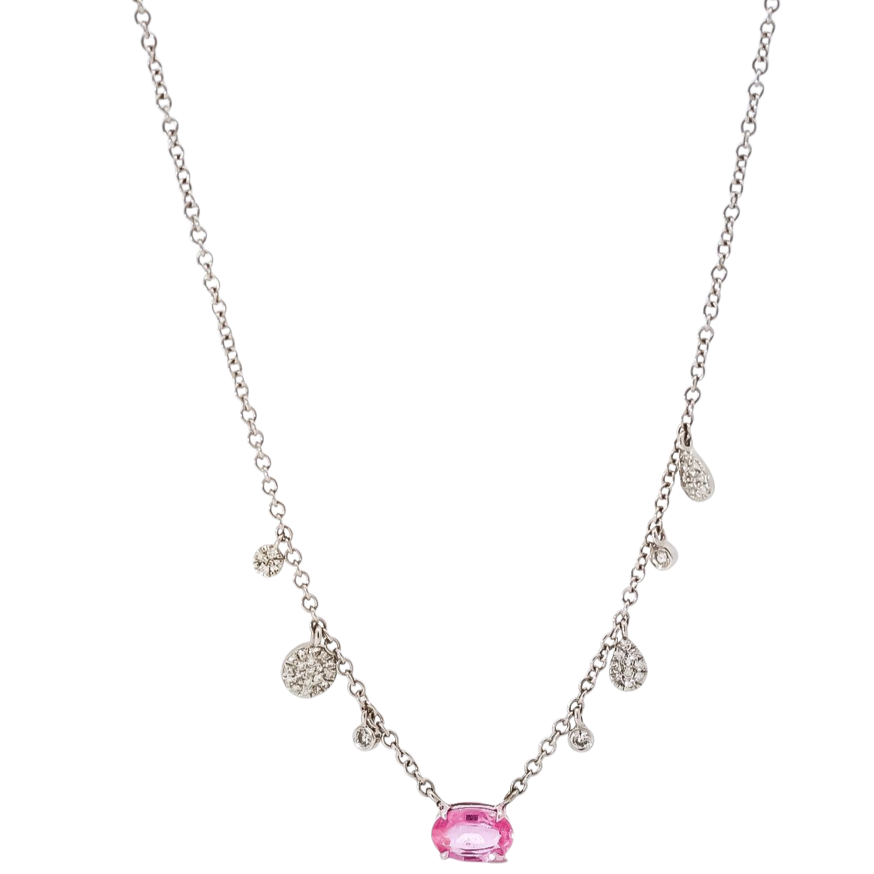 Collar oro blanco 14kt con diamantes y zafiro rosado corte ovalado
