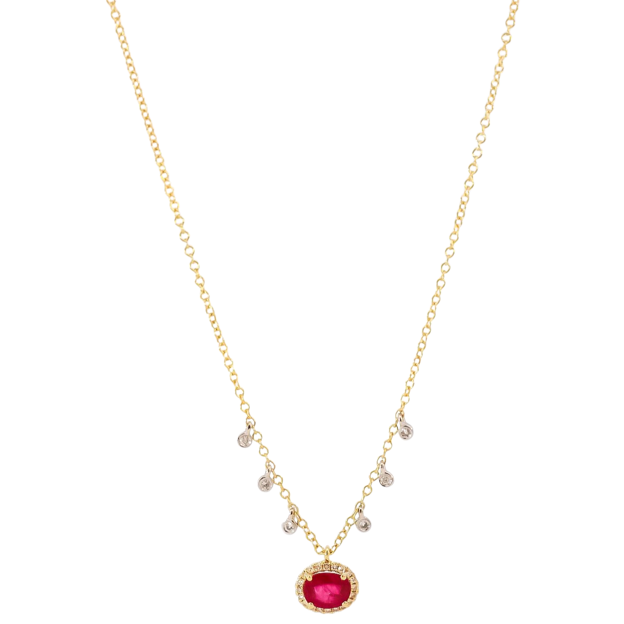 Collar oro amarillo 14kt con dije en rubi corte ovalado con halo