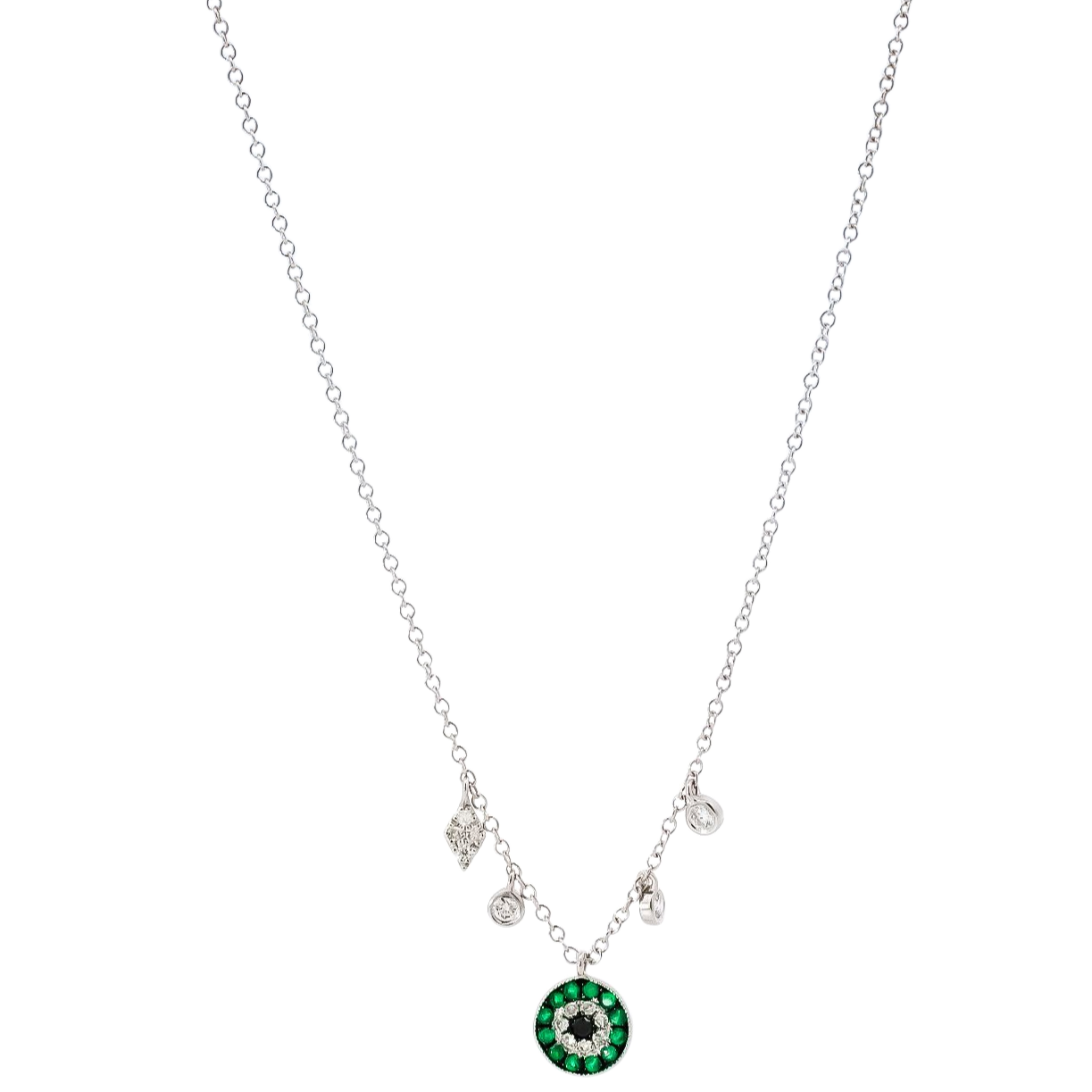 Collar oro blanco 14kt con dijes en esmeraldas , diamantes blanco y negro