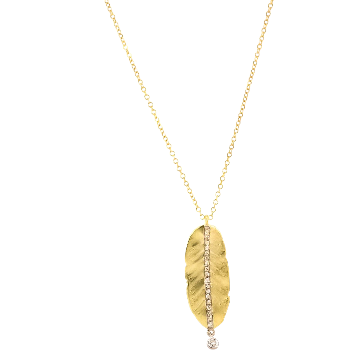 Collar oro amarillo 14kt con dije diseño de pluma con línea de diamantes