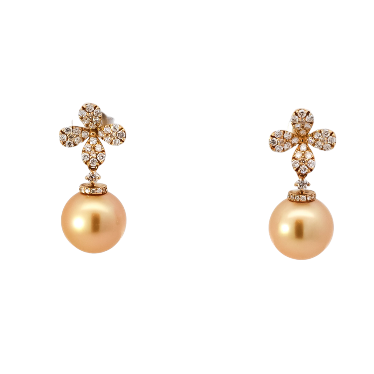 Aretes largos con diseño de flor en diamantes y perlas amarillas de oro 18kt