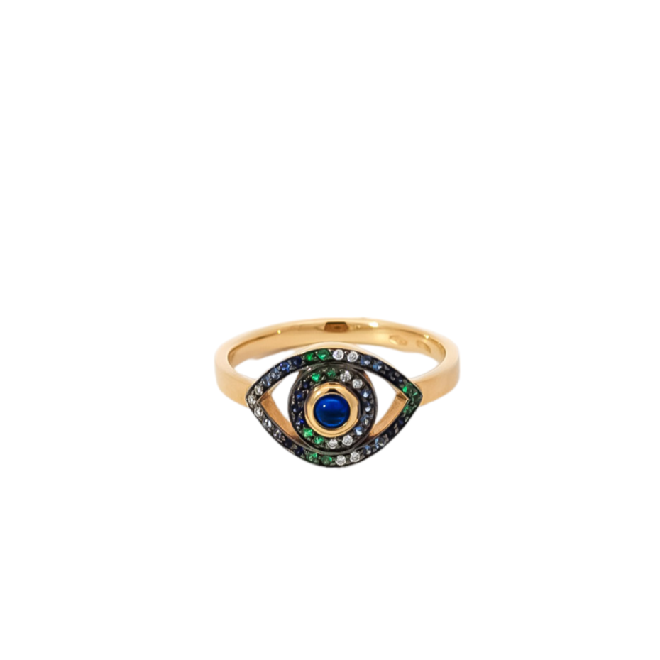 Anillo oro amarillo 18kt con zafiros diseño ojo turco